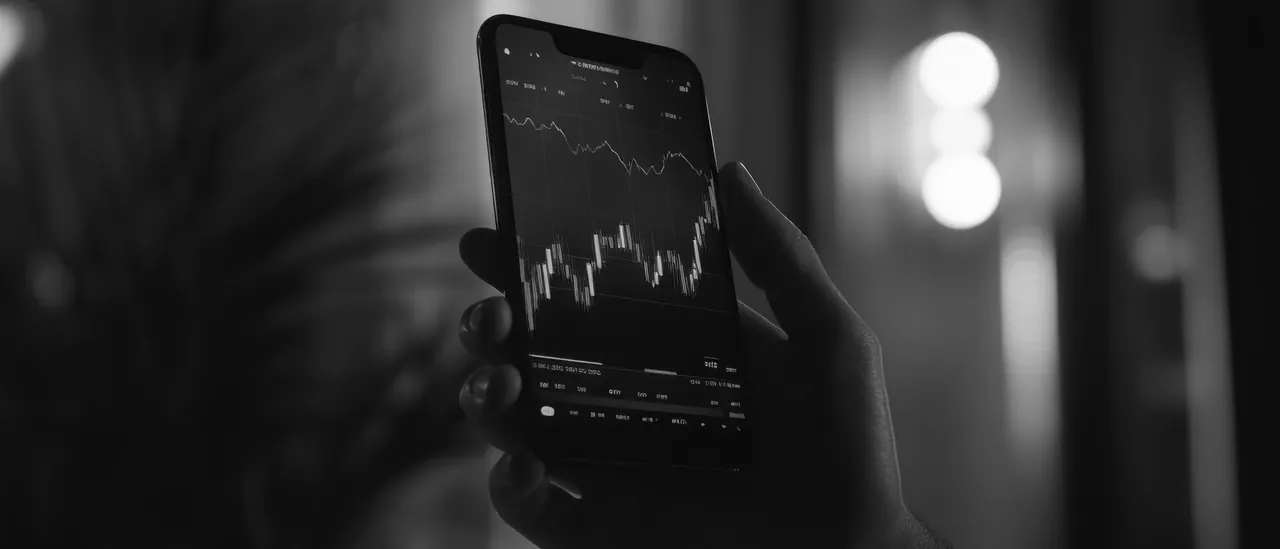 A hand holding a phone at night with a price chart open on the screen, the room behind it out of focus.