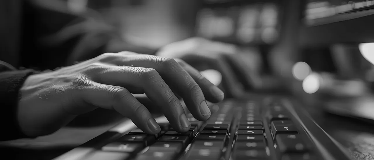 Hands over a keyboard mid-keystroke, lit blue, with out-of-focus screens behind.