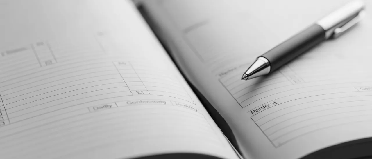 An open planner ruled into labelled columns, a pen resting across the right-hand page.